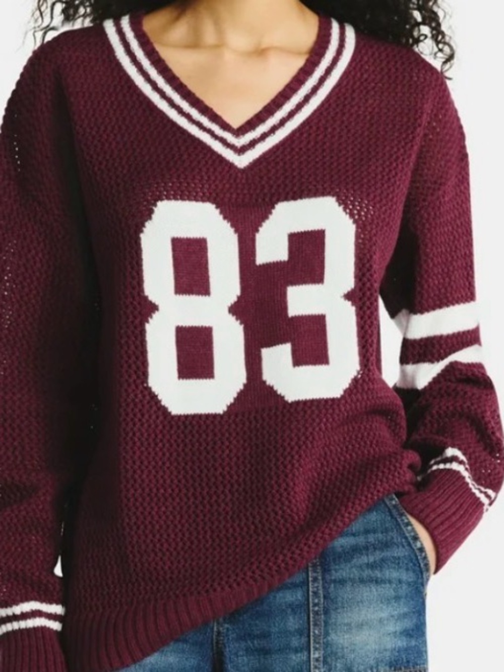 No Boundaries Women's Maroon V-Neck Sweater with White '83 & Stripe Detail